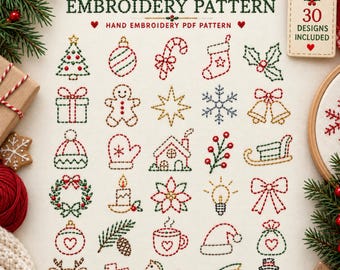 May include: A digital sheet featuring 30 Christmas embroidery patterns arranged in a grid. The designs include a tree, ornament, candy cane, stocking, holly, gift, gingerbread man, star, snowflake, bells, hat, mitten, house, berries, sleigh, wreath, candle, poinsettia, lightbulb, bow, reindeer, skates, rocking horse, shooting star, and snowman.