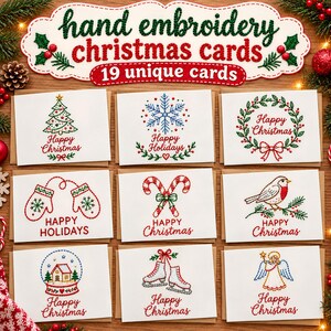 Julkort med broderi, 19 unika kortmönster, PDF med klistrade och sy-mönster, julhälsningskort, gör-det-själv-julkortsdesigner med tråd