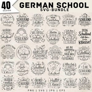 May include: A digital collection of 40 black and white German school-themed graphic designs featuring text, backpacks, pencils, books, and rainbows. The bundle includes various phrases related to starting school, first grade, and graduation, presented in a grid.