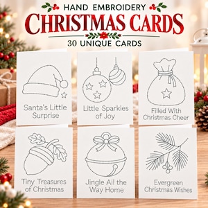 Può includere: Un set di cartoline natalizie bianche da ricamare a mano, con sei distinti disegni a linee tratteggiate nere: un cappello di Babbo Natale, palline, un sacco regalo, una ghianda, un campanello e un ramo di pino, ciascuno con didascalia.
