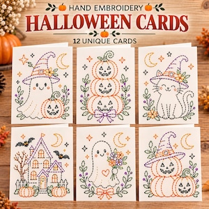 Puede incluir: Un conjunto de seis tarjetas de felicitación blancas con diseños bordados a mano de temas de Halloween, incluyendo fantasmas, calabazas, un gato con sombrero de bruja y una casa encantada. El texto superior dice HAND EMBROIDERY HALLOWEEN CARDS.