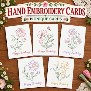 Handbroderi för födelsedagskort, 19 mönster för blommiga gratulationskort, blombroderi i PDF-format, DIY-sömnad för grattis på födelsedagen, nybörjarpyssel