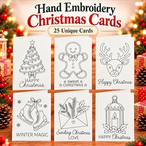 Puede incluir: Un conjunto de tarjetas de felicitación blancas con diseños de líneas negras para bordado a mano. Las tarjetas muestran motivos navideños que incluyen un árbol, un hombre de jengibre, un reno, patines, un sobre con ramas y una linterna.