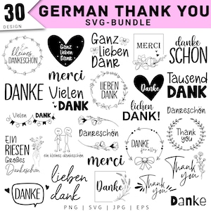 Op de afbeelding: Een digitale collectie van 30 Duitse bedankontwerpen in zwarte inkt op een witte achtergrond. De bundel bevat diverse zinnen zoals Danke, Vielen Dank en Merci, versierd met bloemenkransen, harten, strikken en stokfiguurtjes in SVG-formaat.