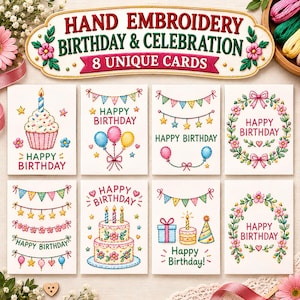 Handbroderade födelsedagskortsmönster, unika födelsedagsdesigner i PDF-format, gratulationskort för födelsedagen, gör-det-själv-festkort, utskrivbara