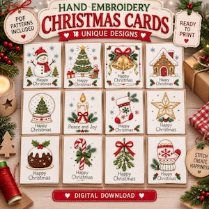 May include: A collection of 18 hand embroidery Christmas card patterns featuring festive designs like a snowman, Christmas tree, bells, gingerbread house, snow globe, candle, stocking, star, pudding, candy cane, mistletoe, and a mitten.
