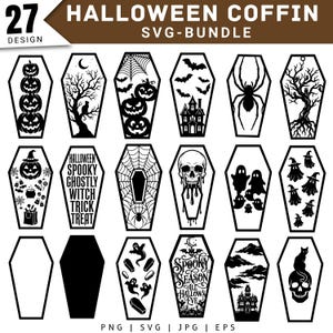 May include: A digital collection of 27 Halloween coffin designs in black and white. The graphics feature various motifs including pumpkins, ghosts, skulls, spiders, bats, haunted houses, and text such as HALLOWEEN SPOOKY GHOSTLY WITCH TRICK TREAT.