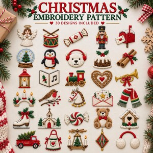 May include: A collection of 30 Christmas embroidery patterns featuring festive icons including an angel, nutcracker, penguin, train, teddy bear, and various holiday treats. The text CHRISTMAS EMBROIDERY PATTERN 30 DESIGNS INCLUDED is centered at the top.