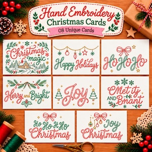 Modelli per biglietti di Natale ricamati a mano, disegni natalizi unici in PDF, biglietti di auguri di Buon Natale, biglietti di auguri fai da te per le feste, stampabili