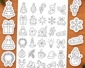 Christmas Stick and Stitch Embroidery Patches, 36 Holiday Iron On Designs, Christmas Ornaments, Santa, Snowman, DIY Embroidery Pattern
