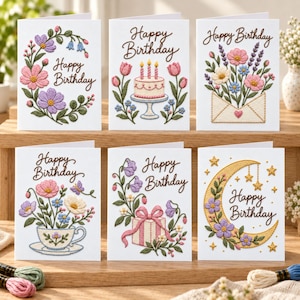 Happy Birthday Embroidery Cards, Floral Hand Embroidery Patterns, Printable PDF Designs, Birthday Card DIY, Flower Stitching Gift