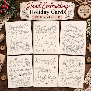 Puede incluir: Una colección de seis tarjetas de felicitación de color blanco roto con patrones de bordado de líneas discontinuas negras con temas navideños, que incluyen una casa, campanas, adornos y textos como Home for the Holidays, Joy y Merry Little Christmas.