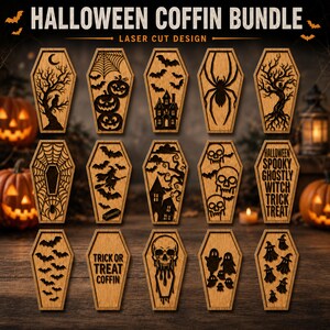May include: A collection of fifteen laser-cut wooden coffin-shaped ornaments featuring Halloween designs including pumpkins, bats, spiders, skulls, ghosts, haunted houses, and trees. The text reads HALLOWEEN COFFIN BUNDLE, LASER CUT DESIGN, HALLOWEEN SPOOKY GHOSTLY WITCH TRICK TREAT, and TRICK OR TREAT COFFIN.