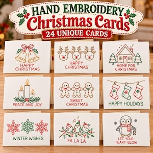 Cartes de Noël brodées à la main, 24 modèles de cartes uniques, PDF à suivre, cartes de vœux, modèles de cartes de Noël à broder