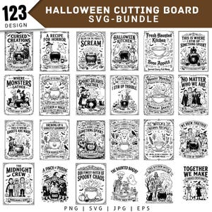 May include: A digital collection of 123 black and white Halloween-themed designs for cutting boards, featuring illustrations of witches, ghosts, skeletons, cauldrons, and pumpkins with various spooky phrases like Cursed Creations and Spooky Chaos.