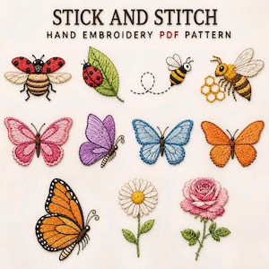 以下が含まれることがあります： STICK AND STITCH HAND EMBROIDERY PDF PATTERN。テントウムシ、ハチ、ハチの巣、蝶、デイジー、バラなどの刺繍された昆虫や花のデザイン。赤、黄、青、ピンク、オレンジなどの鮮やかな色で描かれた刺繍パターン図案。
