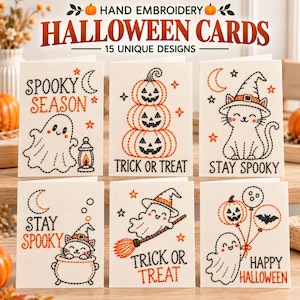 Op de afbeelding: Zes witte wenskaarten met handgeborduurde Halloween-ontwerpen. De kaarten tonen gestikte illustraties van spoken, pompoenen, katten met hoeden en een ketel, met tekst waaronder Spooky Season, Trick or Treat, Stay Spooky en Happy Halloween.