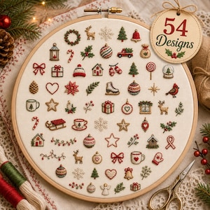 May include: A round wooden embroidery hoop containing off-white fabric with 54 small, colorful Christmas-themed embroidered icons, including trees, ornaments, gifts, and reindeer. A circular tag attached to the top right reads 54 Designs.