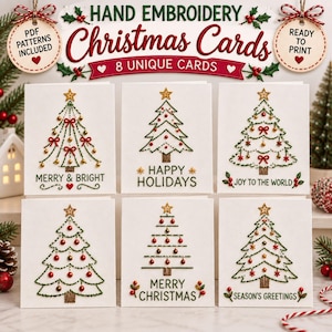 Mönster för julbroderikort, handbroderidesigner i PDF-format, julgranshälsningskort, gör-det-själv-högtidskort, utskrivbart mönster