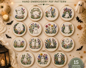 May include: A collection of 15 circular embroidery hoops featuring ghost figures surrounded by colorful wildflowers. The text at the top reads SPOOKY WILDFLOWER GHOST HAND EMBROIDERY PDF PATTERN, and a circular badge in the corner states 15 DESIGNS INCLUDED.