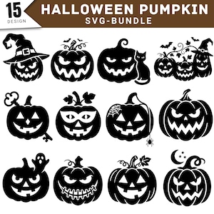 15 Halloween-pumpa SVG-paket, pumpa-ansikte SVG, Jack O'Lantern SVG, Glowforge laserskurna filer, Cricut Svg, Png, Dxf, Eps, digital fil