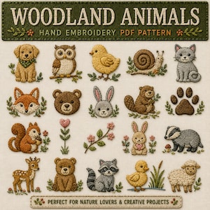 May include: A hand embroidery PDF pattern titled WOODLAND ANIMALS featuring twenty-one individual embroidered motifs including a dog, owl, chick, snail, cat, fox, bear, rabbit, beaver, paw print, squirrel, flowers, badger, deer, raccoon, duck, and sheep.