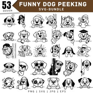 Könnte beinhalten: Eine digitale Sammlung von 53 schwarz-weißen Strichzeichnungen, die verschiedene Hunderassen zeigen, die hinter Kanten hervorlugen oder Gegenstände halten. Der Text oben lautet 53 FUNNY DOG PEEKING SVG-BUNDLE, mit PNG, SVG, JPG, EPS unten.