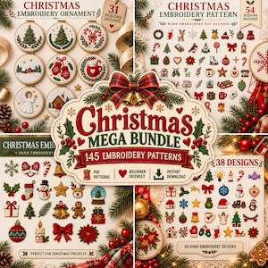 Może przedstawiać: Zestaw do haftu świątecznego zawierający 145 wzorów w czterech sekcjach. Centralna etykieta głosi Christmas Mega Bundle 145 Embroidery Patterns. Kolekcja zawiera różne motywy świąteczne, takie jak drzewka, ozdoby i prezenty.