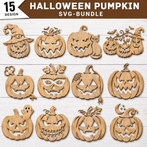 Peut inclure: Un ensemble de 15 découpes de citrouilles d'Halloween en bois avec divers visages sculptés, incluant des motifs avec un chapeau de sorcière, un chat, un fantôme, une araignée et une clé. Le texte en haut indique 15 DESIGN HALLOWEEN PUMPKIN SVG-BUNDLE.