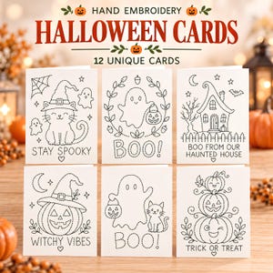 May include: A set of 12 white greeting cards featuring black outline embroidery patterns for Halloween. Designs include a cat in a witch hat, ghosts, a haunted house, pumpkins, and text such as STAY SPOOKY, BOO, and TRICK OR TREAT.