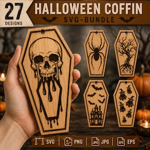 Puede incluir: Un paquete digital de 27 diseños de ataúdes de Halloween con estilo de adornos de madera cortados con láser. Los diseños incluyen una calavera con líquido goteando, una araña, un árbol desnudo, una casa embrujada con murciélagos y varios fantasmas.