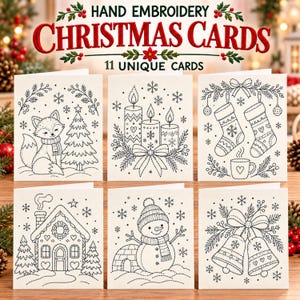 Peut inclure: Un ensemble de 11 cartes de vœux blanches avec des motifs au trait noir pour la broderie à la main. Les cartes présentent des thèmes de Noël dont un renard, des bougies, des chaussettes, une maison, un bonhomme de neige et des cloches.