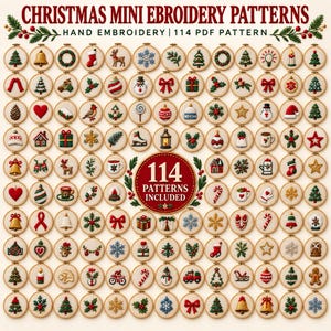 May include: A collection of 114 Christmas mini embroidery patterns displayed in circular wooden hoops. The image features various holiday icons including trees, ornaments, snowflakes, and gifts, with the text CHRISTMAS MINI EMBROIDERY PATTERNS.