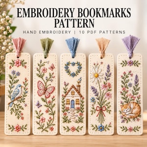 May include: Five rectangular bookmarks with hand embroidery patterns featuring a bird, butterfly, house, flowers, and cat. Text reads: EMBROIDERY BOOKMARKS PATTERN HAND EMBROIDERY | 10 PDF PATTERNS. Each bookmark has a colored tassel at the top.