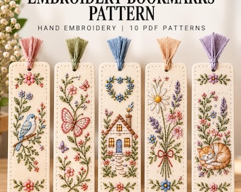 May include: Five rectangular bookmarks with hand embroidery patterns featuring a bird, butterfly, house, flowers, and cat. Text reads: EMBROIDERY BOOKMARKS PATTERN HAND EMBROIDERY | 10 PDF PATTERNS. Each bookmark has a colored tassel at the top.