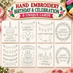 May include: A set of eight white cards featuring black embroidered-style outlines for birthday and celebration themes. Designs include cupcakes, cakes, balloons, bunting, and floral wreaths with the text "HAPPY BIRTHDAY" on each card.