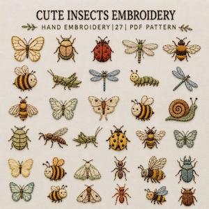 May include: A collection of 27 hand-embroidered insect designs on a light fabric background. The set includes various butterflies, bees, beetles, dragonflies, grasshoppers, a snail, and an ant, featuring detailed stitching in vibrant colors.