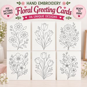 Puede incluir: Una colección de seis patrones de tarjetas de felicitación para bordado a mano con diseños de arte lineal negro de varias flores sobre fondos blancos. El texto dice HAND EMBROIDERY Floral Greeting Cards 06 UNIQUE DESIGNS PDF PATTERNS INCLUDED READY TO PRINT.