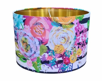 Black & white stripe floral drum lampshade bursting with pink, red, yellow roses, add some colour to your room 20 - 40cm