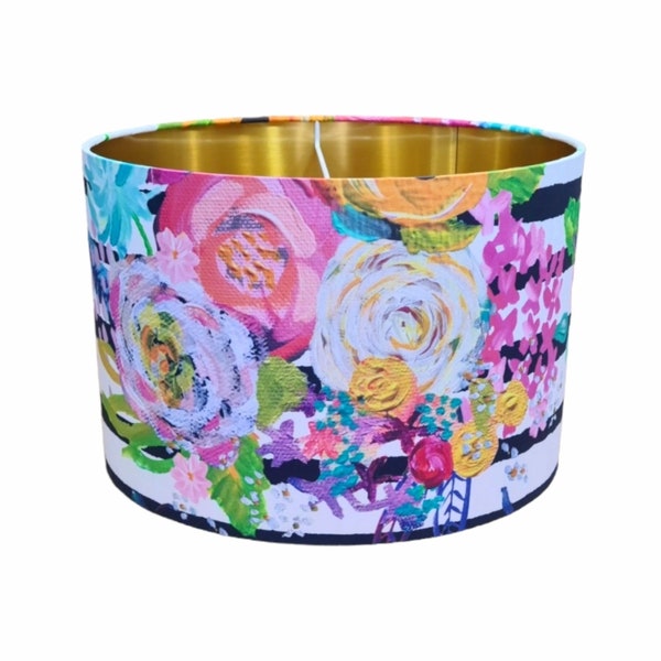 Black & white stripe floral drum lampshade bursting with pink, red, yellow roses, add some colour to your room 20 - 40cm