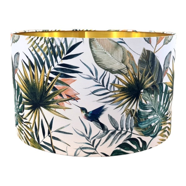 Green bird TROPICAL drum lampshade with hummingbirds in botanical jungle palm and banana leaves  35 40 45cm