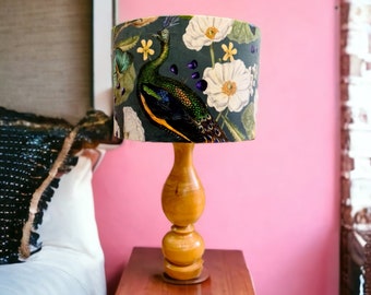 PEACOCK velvet drum lampshade blue floral and butterfly exotic pattern white or metallic linings 20 - 45cm