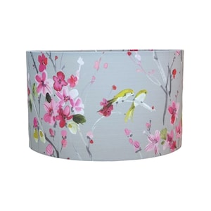 Voyage Armathwaite floral drum lampshade with pink blossom flowers and yellow birds fabric handmade 15cm to 40cm