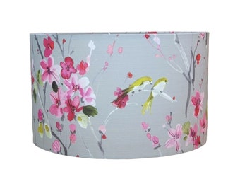 Voyage Armathwaite floral drum lampshade with pink blossom flowers and yellow birds fabric handmade 15cm to 40cm