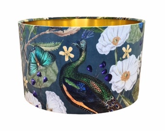 Peacock Velvet Handmade Drum Lampshade: Blue Floral Butterfly Pattern