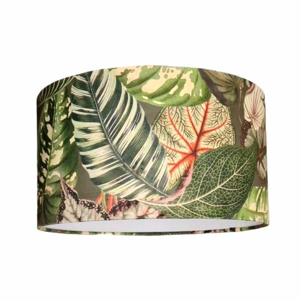 Abat-jour tambour en velours vert tropical BOTANICAL avec motif de feuille géante de la jungle, édition limitée