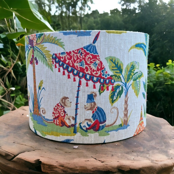 MONKEY PARASOL drum lampshade cheeky monkey exotic linen fabric handmade table lamp shade