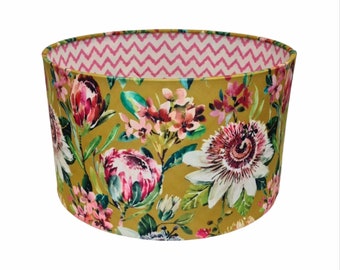 Floral Velvet Drum Lampshade: Clarke & Clarke Paradise Ochre Yellow