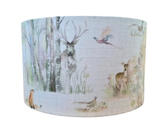 Voyage Maison Enchanted Forest linen fabric handmade drum lampshade with deer stag fox rabbit pheasant in a woodland scene 35 40cm