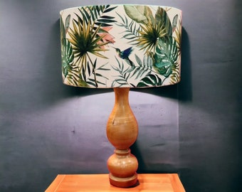 Green hummingbird TROPICAL drum lampshade with birds in botanical jungle palm and banana leaves gold lining 15cm to 45cm